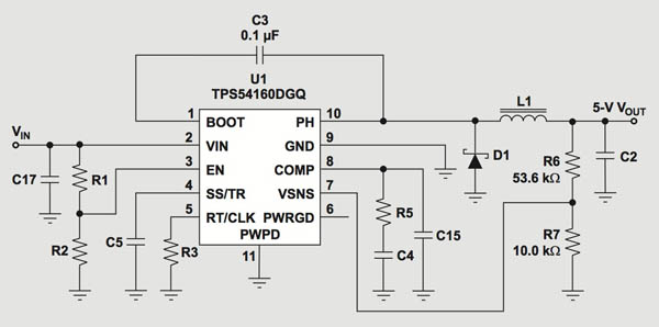 TI TPS54160 switching regulator reference schematic TI TPS54160 switching regulator